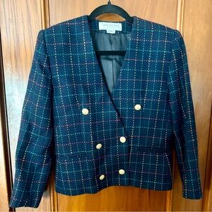 Vintage 90s Jones New York Navy Blue Pinstripe Plaid Gold Button Suite Jacket 8P